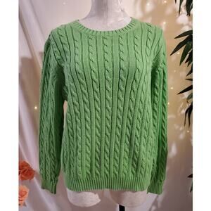 Vtg LL Bean Womens Cable Knit Pullover Fisherman Sweater Size XL Green Cotton